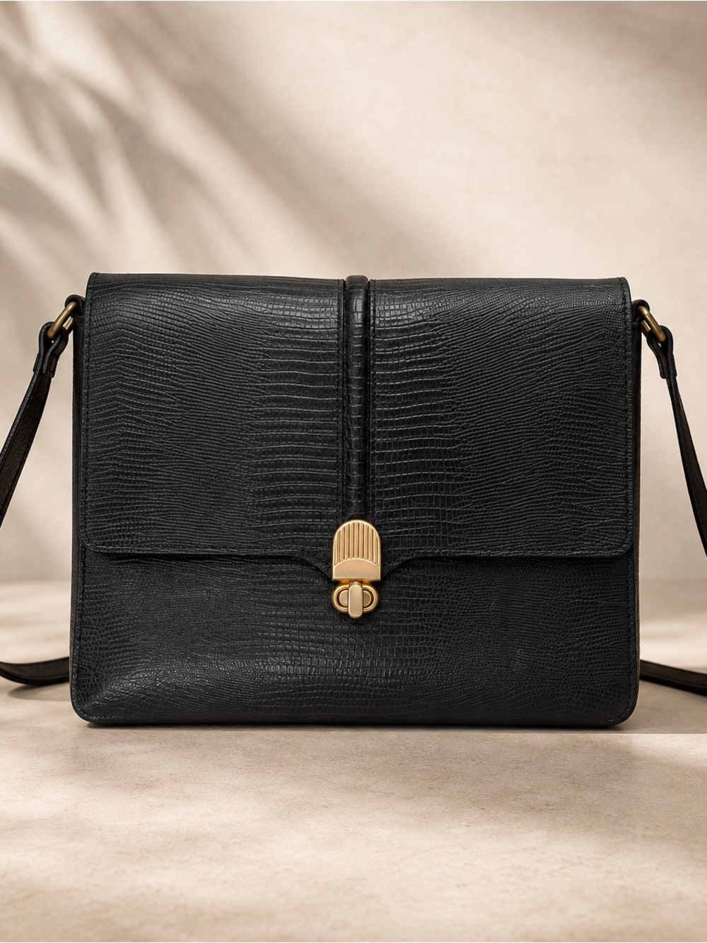Vintage Black Embossed Genuine Leather Shoulder Bag – Made in Canada – Gold Hard